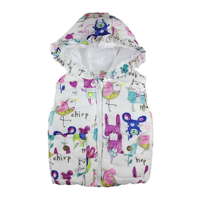 2016 Autumn winter children clothes new girls Outerwear&Coats Animal Graffiti hooded Girls Vest Jackets Baby Girl Warm Waistcoat