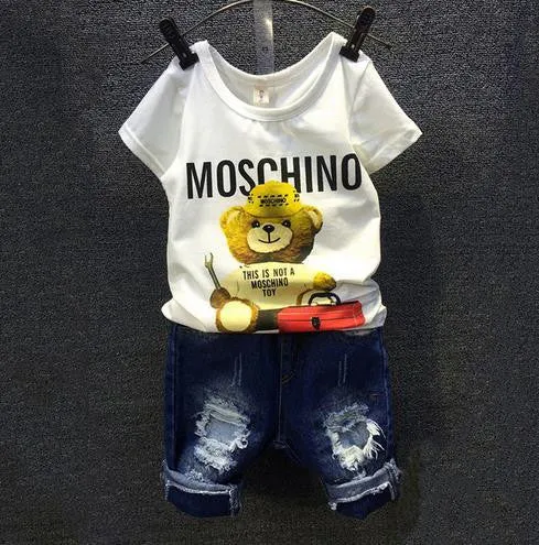 2016 Children Cartoon Bear White T Shirt Ripped Denim Shorts 2 Pieces Girls Casual Summer Boys Clothing Sets