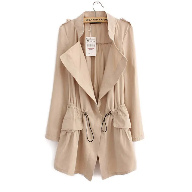 2016 Women Cardigans Casual Spring Autumn Turn-down Collar Long Trench Ladies Pleated Pocket Design Outwear Coat D2013