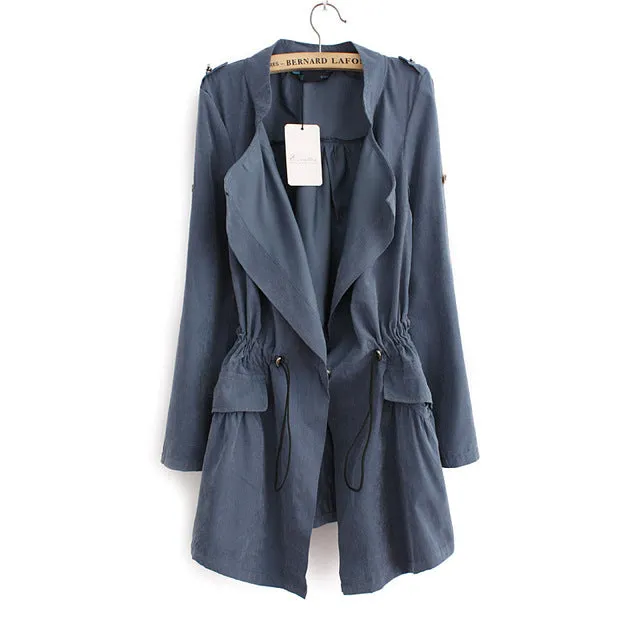 2016 Women Cardigans Casual Spring Autumn Turn-down Collar Long Trench Ladies Pleated Pocket Design Outwear Coat D2013