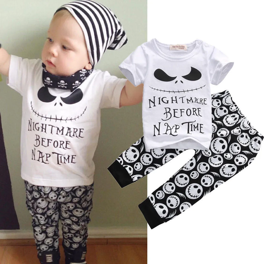 2PCS Set Newborn Toddler Kids Baby Boys Clothes Set Skull Outfits Clothes T-shirt Tops   Pants 2pcs Clothing