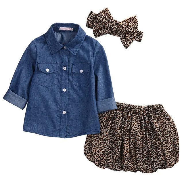 3PCS Set Cute Baby Girls Clothes 2017 Summer Toddler Kids Denim Tops Leopard Culotte Skirt Outfits Children Girl Clothing Set