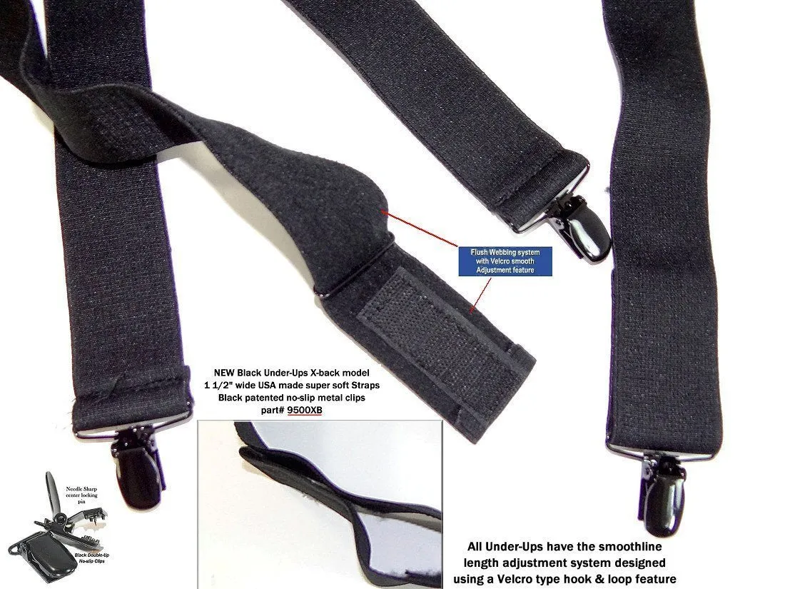 All Black Hidden Undergarment Suspenders 1 1/2" wide 48"long, X-back style with No-slip Clips