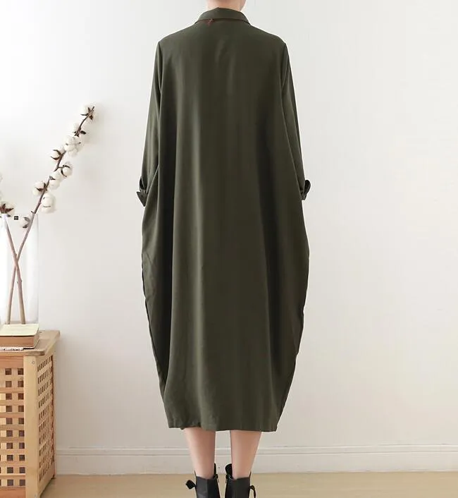 Army Green Buttons Spring Cotton Loose Long Dresses Plus Size AMT962328