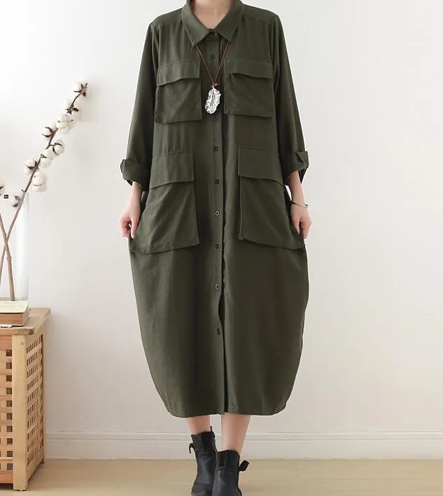 Army Green Buttons Spring Cotton Loose Long Dresses Plus Size AMT962328