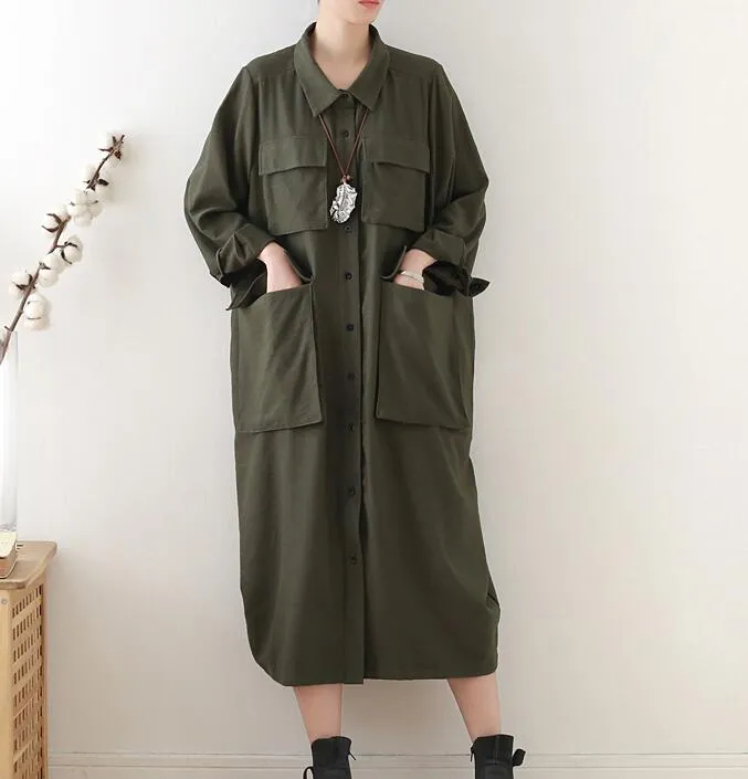 Army Green Buttons Spring Cotton Loose Long Dresses Plus Size AMT962328