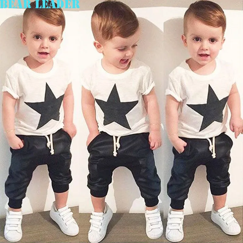 Bear Leader Baby Clothing Sets 2016 Summer Style Baby Girls Boys Clothes Black Letter T-shirt Imitation cowboy pants 2pcs suit