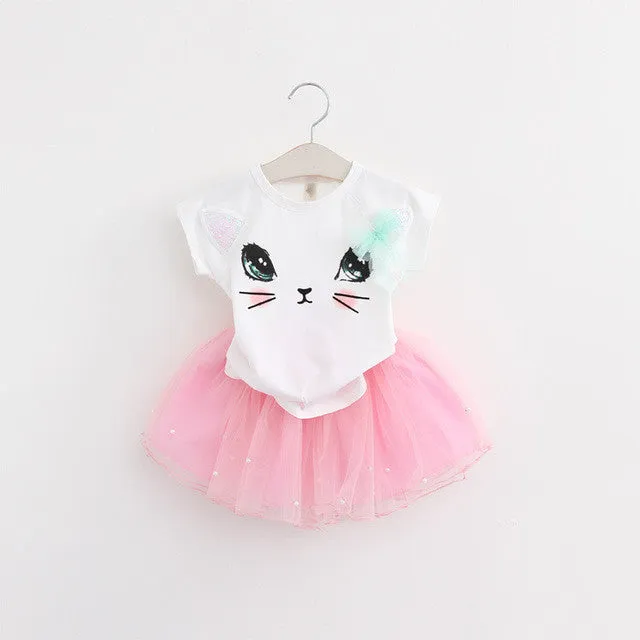 Bear Leader Girls Clothing Sets New Summer Fashion Style Cartoon Kitten Printed T-Shirts Net Veil Dress 2Pcs Girls Clothes Sets