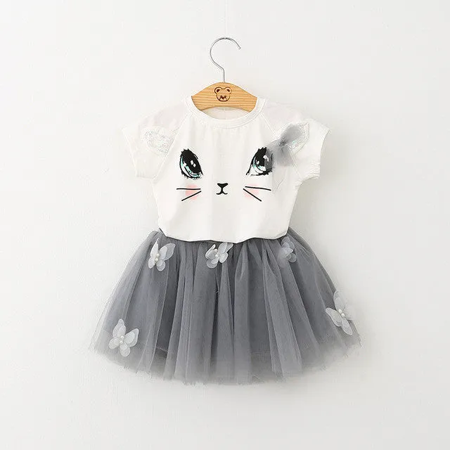 Bear Leader Girls Clothing Sets New Summer Fashion Style Cartoon Kitten Printed T-Shirts Net Veil Dress 2Pcs Girls Clothes Sets