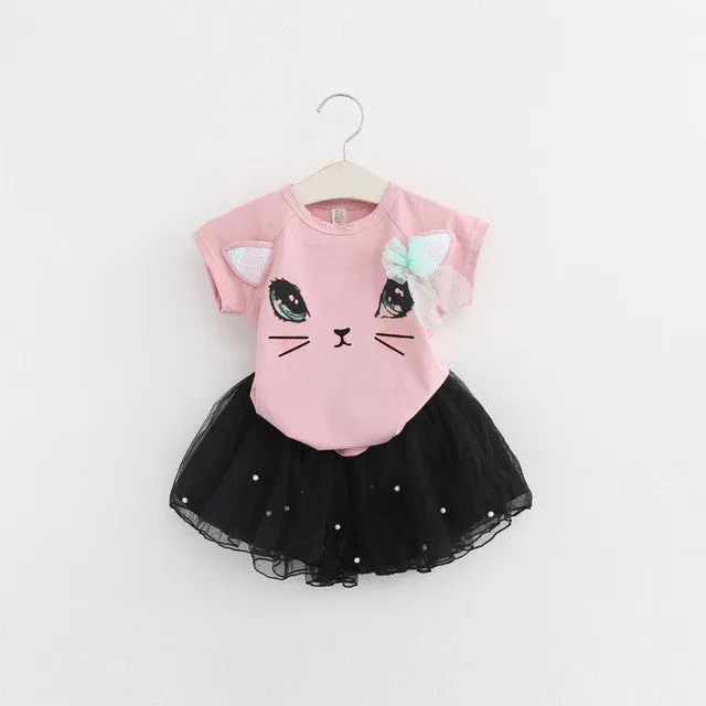 Bear Leader Girls Clothing Sets New Summer Fashion Style Cartoon Kitten Printed T-Shirts Net Veil Dress 2Pcs Girls Clothes Sets