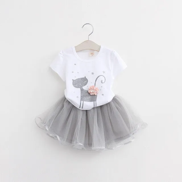 Bear Leader Girls Clothing Sets New Summer Fashion Style Cartoon Kitten Printed T-Shirts Net Veil Dress 2Pcs Girls Clothes Sets