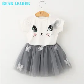 Bear Leader Girls Clothing Sets New Summer Fashion Style Cartoon Kitten Printed T-Shirts Net Veil Dress 2Pcs Girls Clothes Sets