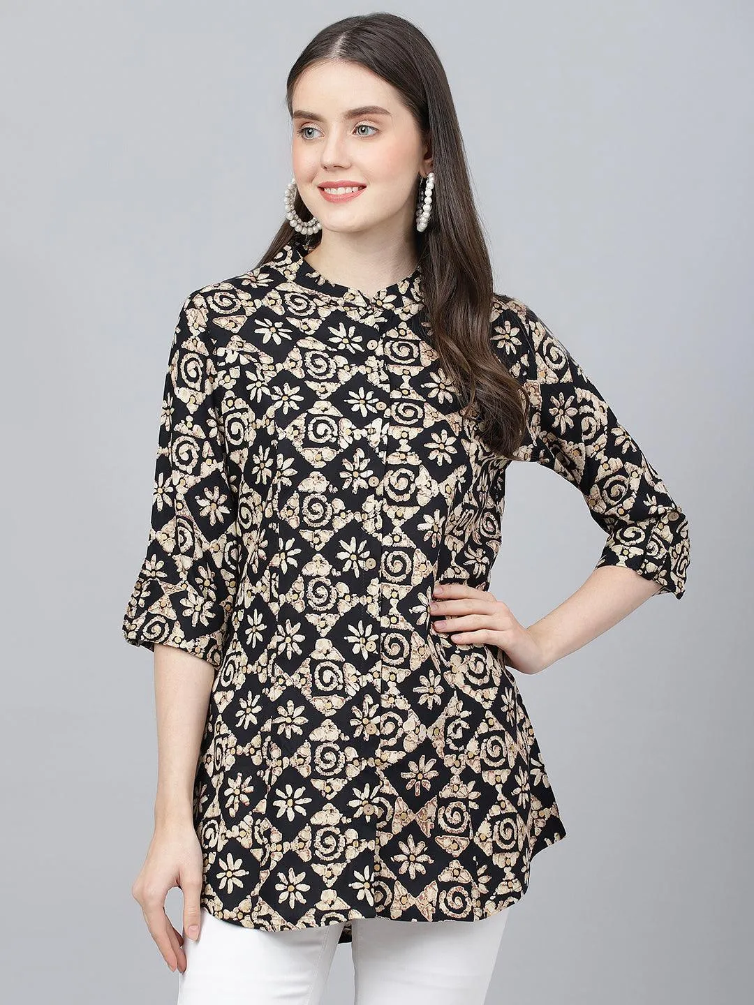 Black Floral Printed Rayon A-Line Shirts Style Top