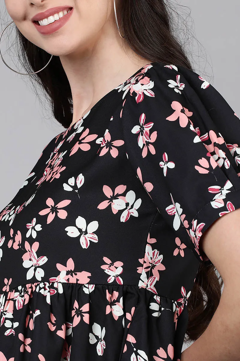 Black Georgette Floral Print Top