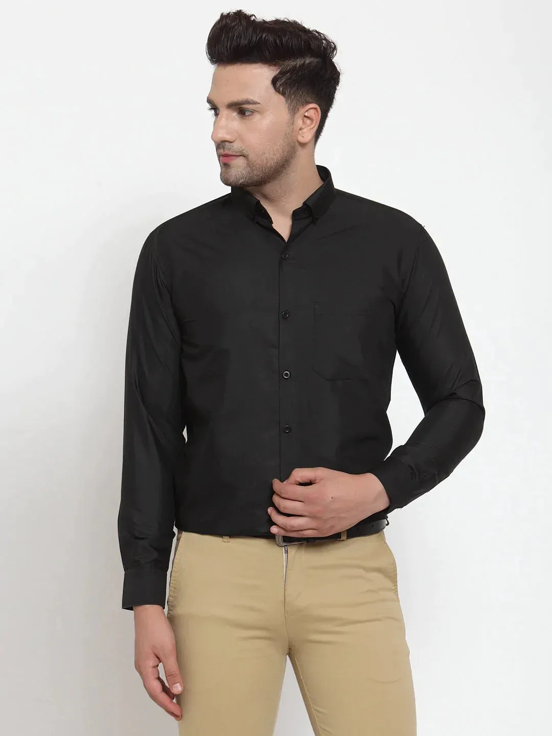 Black Men'S Cotton Solid Button Down Formal Shirts