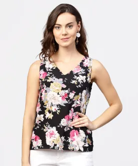 Black Printed Cutways Sleeveless Crepe Tops