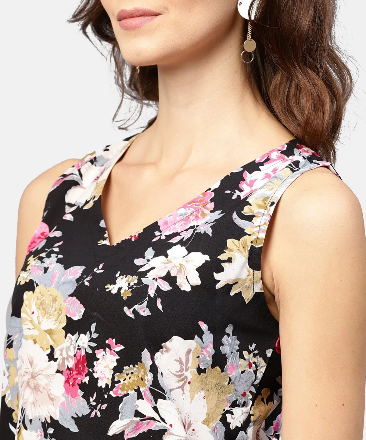 Black Printed Cutways Sleeveless Crepe Tops