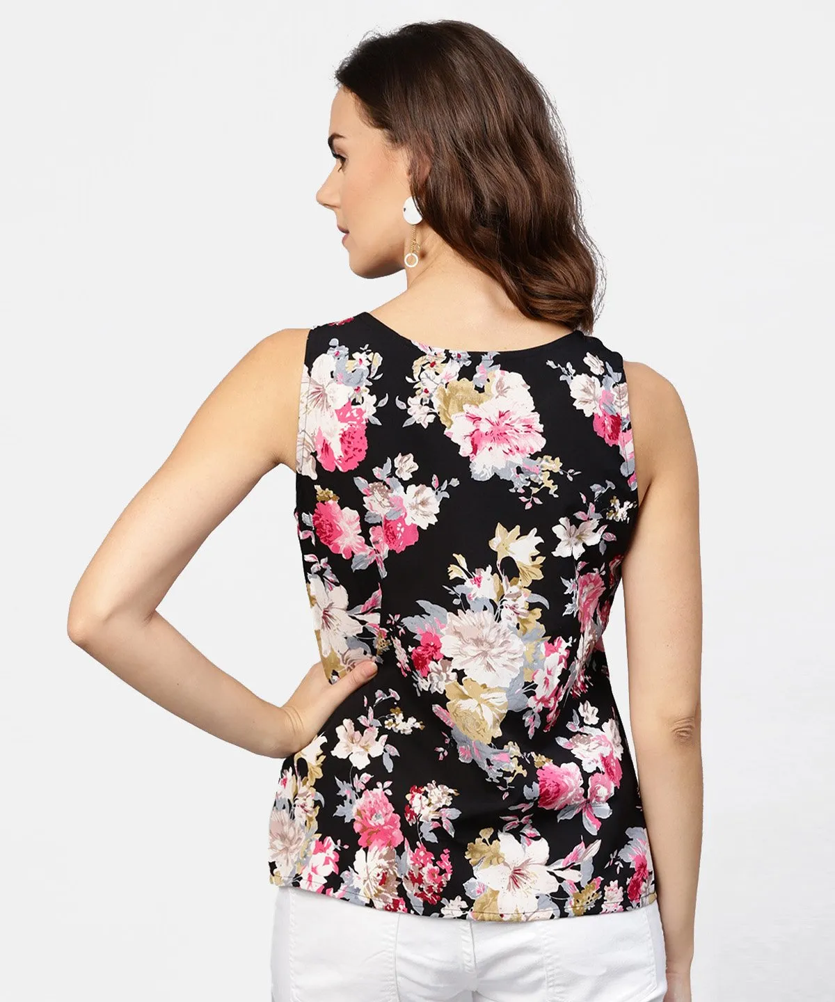 Black Printed Cutways Sleeveless Crepe Tops