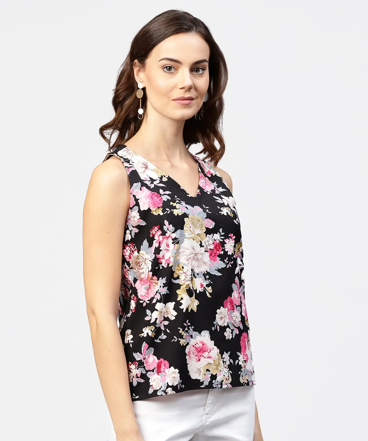 Black Printed Cutways Sleeveless Crepe Tops