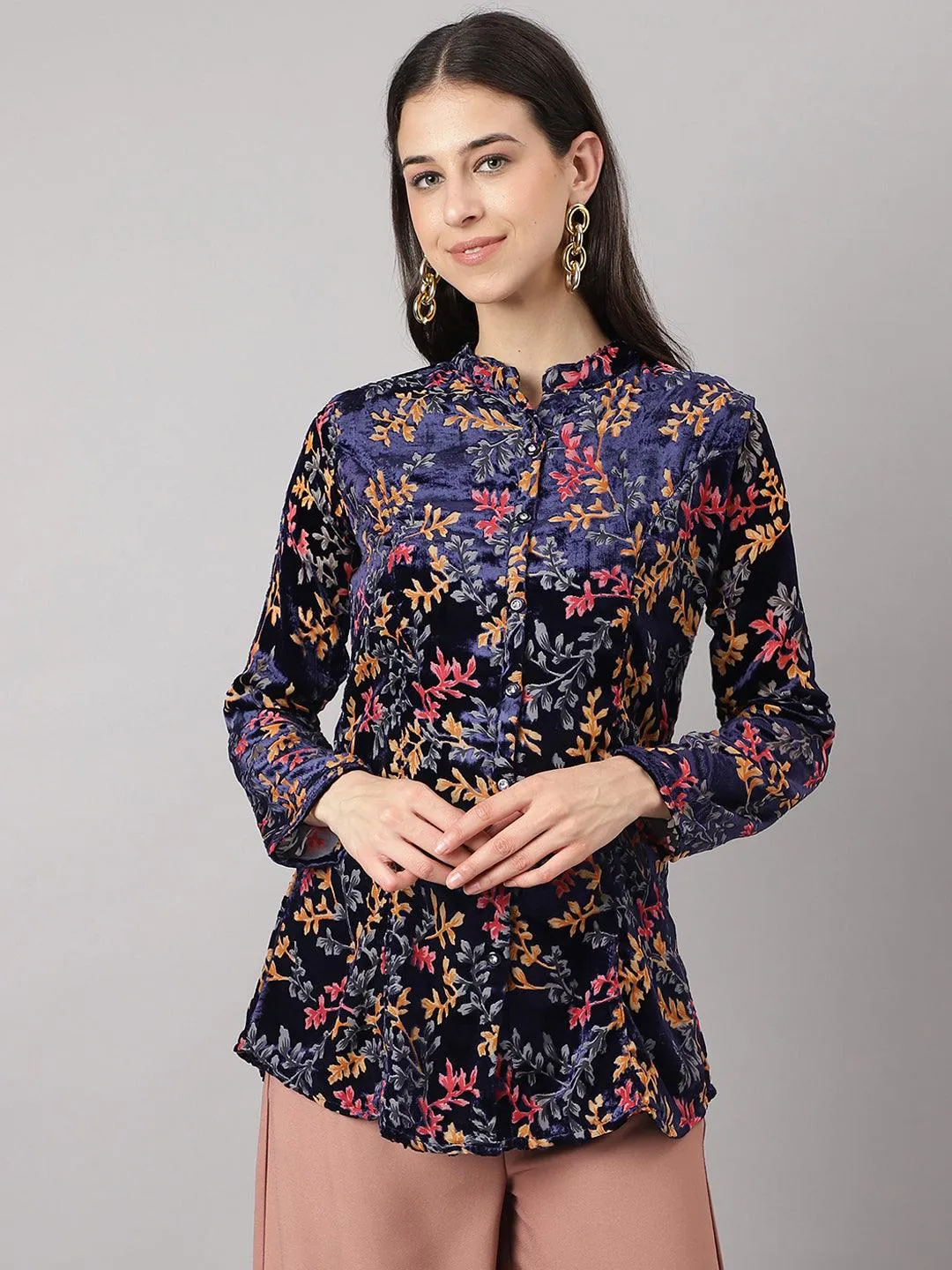 Blue Floral Burn Out Velvet A-Line Shirts Style Top