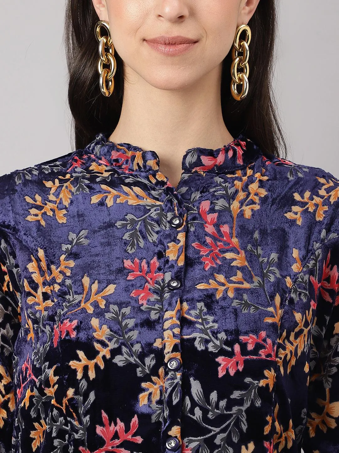 Blue Floral Burn Out Velvet A-Line Shirts Style Top