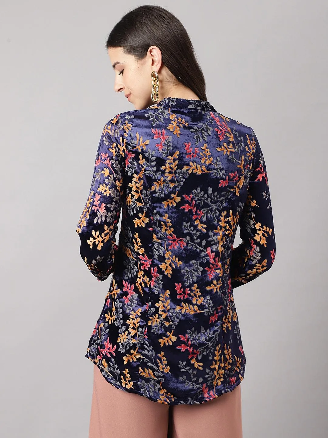 Blue Floral Burn Out Velvet A-Line Shirts Style Top