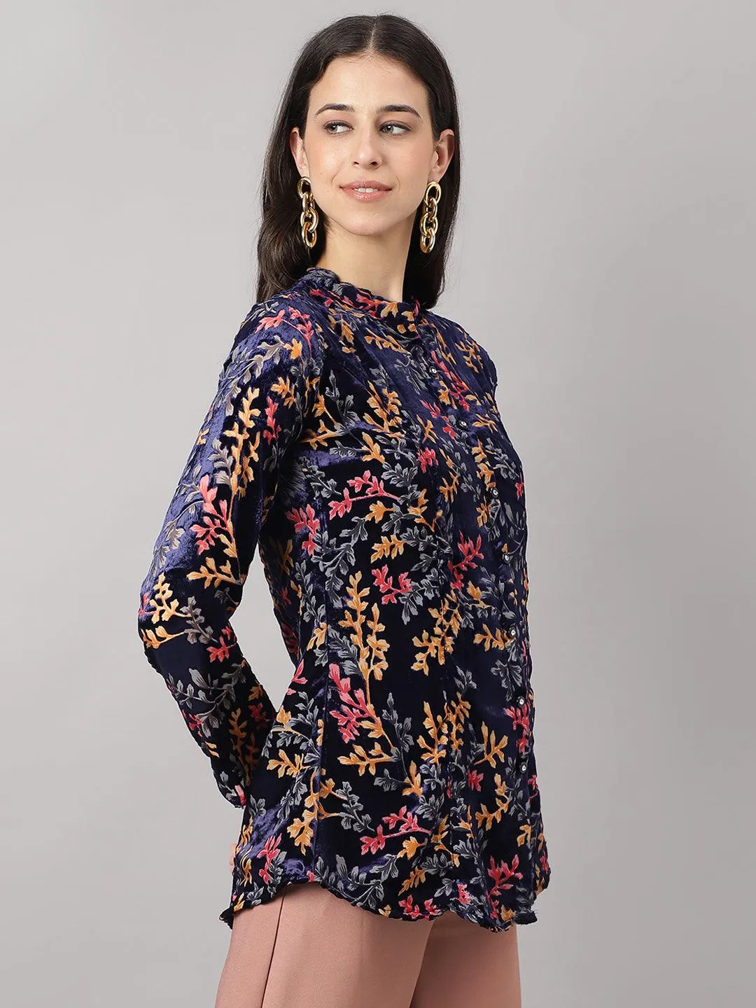 Blue Floral Burn Out Velvet A-Line Shirts Style Top