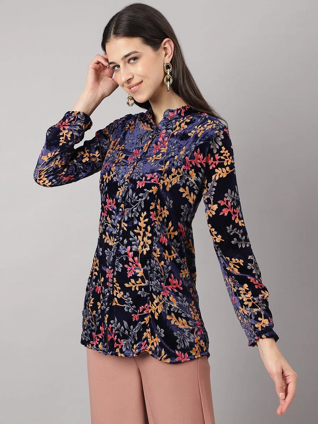 Blue Floral Burn Out Velvet A-Line Shirts Style Top