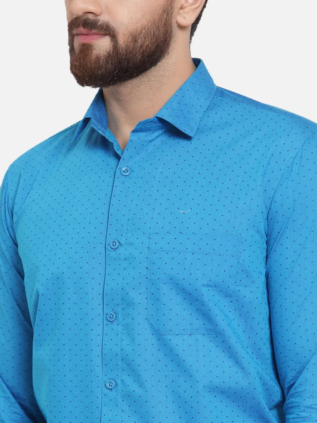 Blue Men'S Cotton Polka Dots Formal Shirts