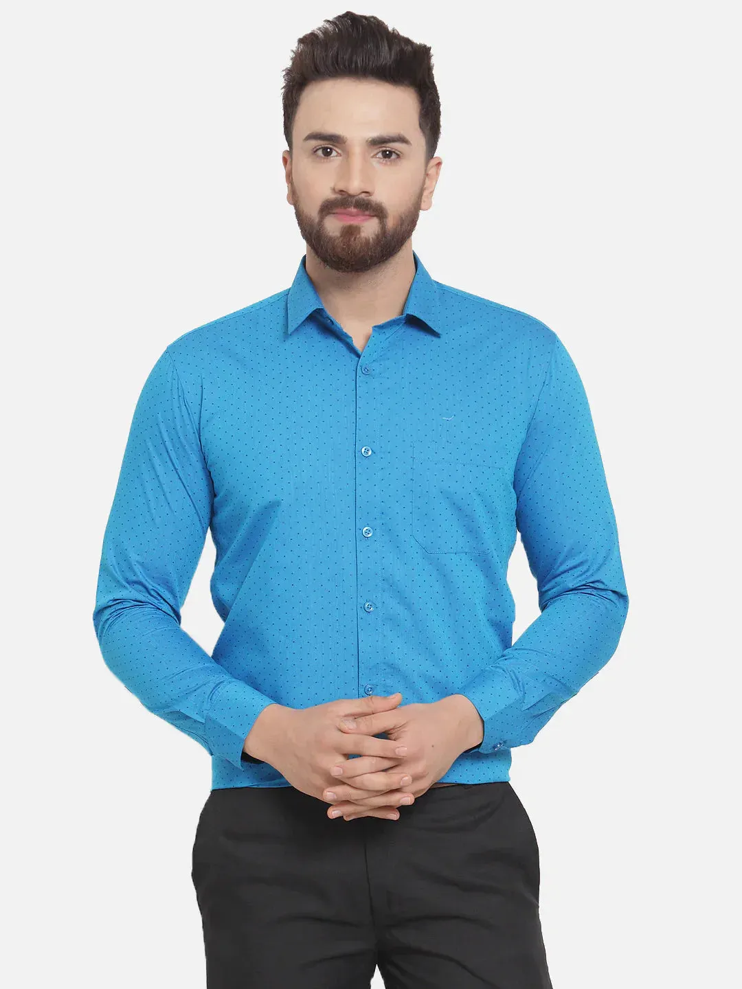 Blue Men'S Cotton Polka Dots Formal Shirts