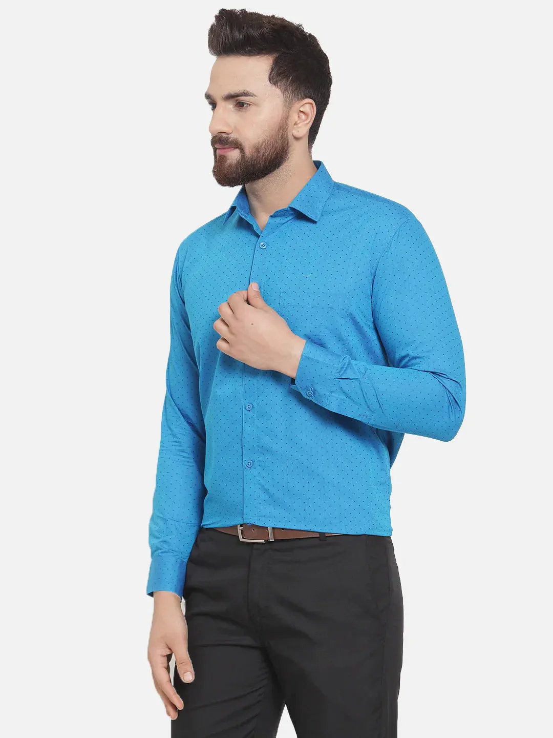 Blue Men'S Cotton Polka Dots Formal Shirts