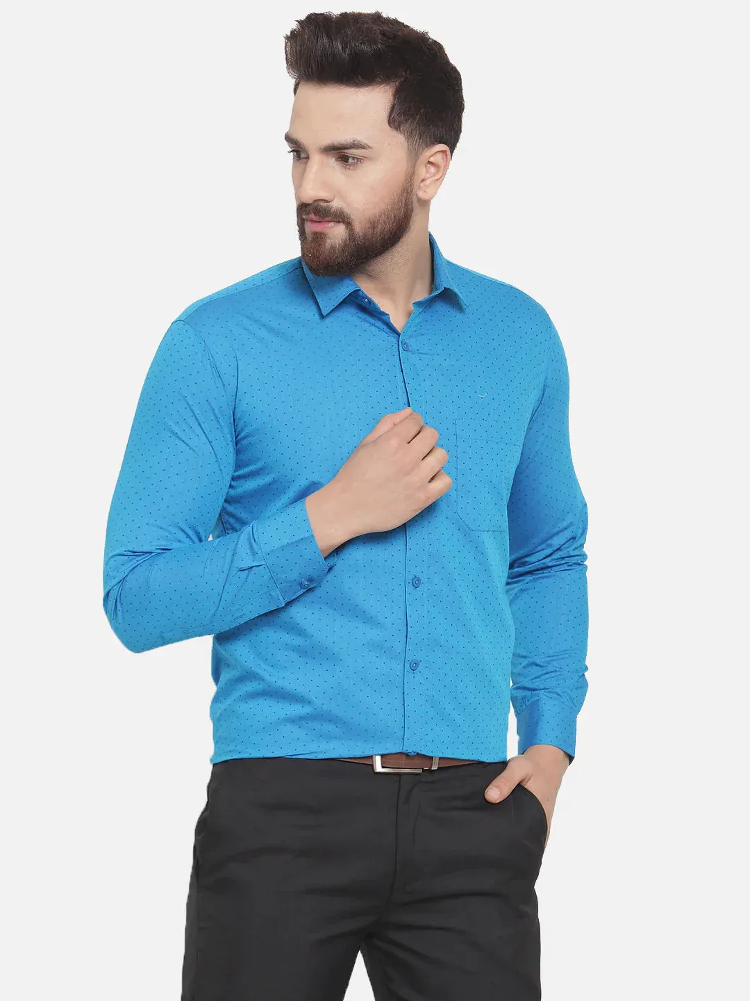 Blue Men'S Cotton Polka Dots Formal Shirts