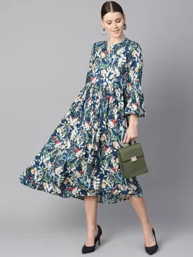 Blue Multicolored Quirky Floral Printed High Neck Back Hook Closure 3/4Th Flared Sleeves Gathered Dress.