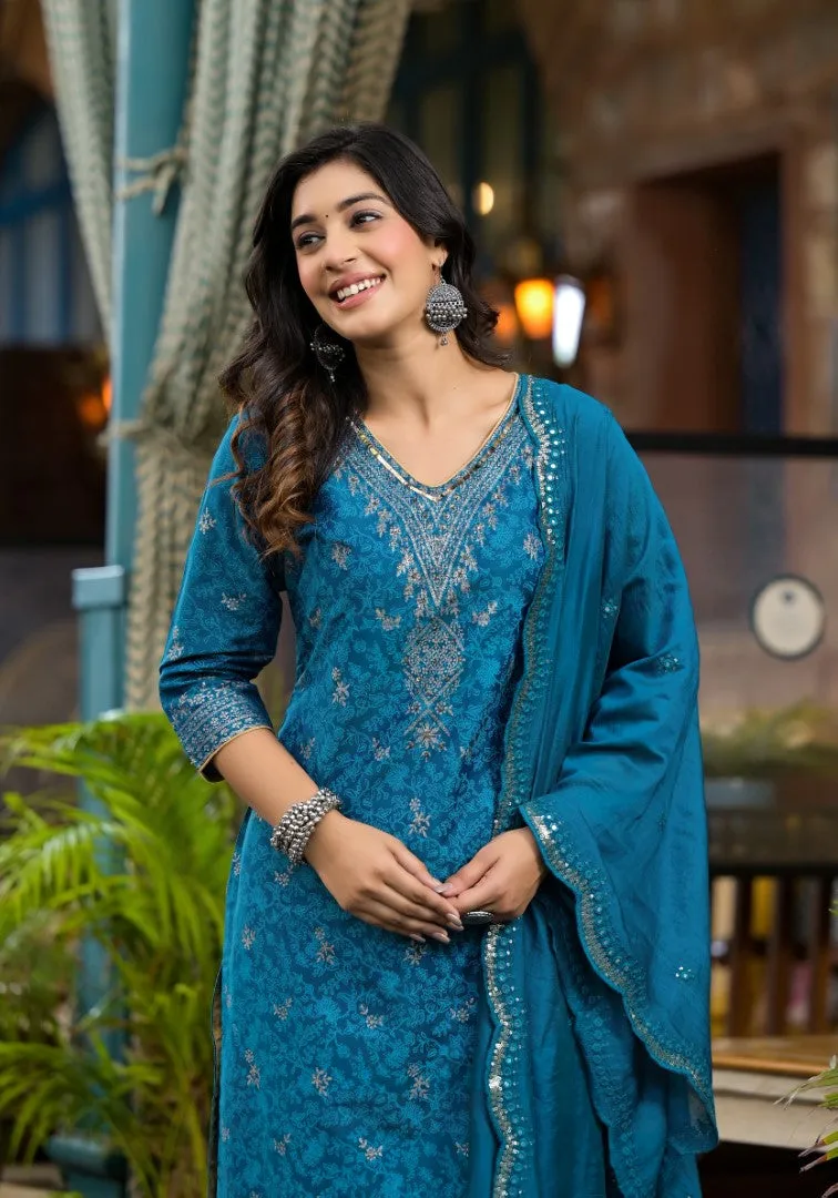 Blue Poly Staple Ethnic Motif Printed Kurta Pant And Dupatta Set With Sequins Mirror & Zari Work