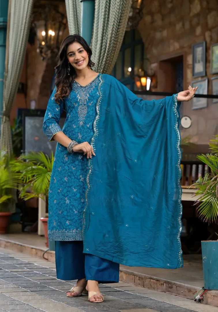 Blue Poly Staple Ethnic Motif Printed Kurta Pant And Dupatta Set With Sequins Mirror & Zari Work