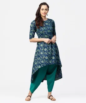 Blue Printed 3/4Th Sleeve Cotton Low High Kurta With Blue Printed Dhoti