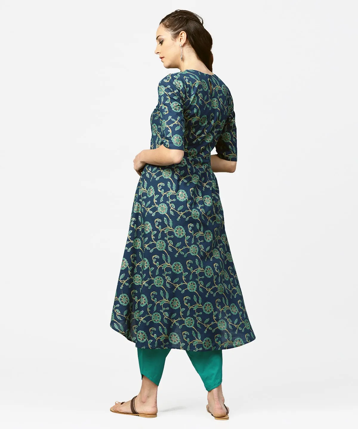 Blue Printed 3/4Th Sleeve Cotton Low High Kurta With Blue Printed Dhoti