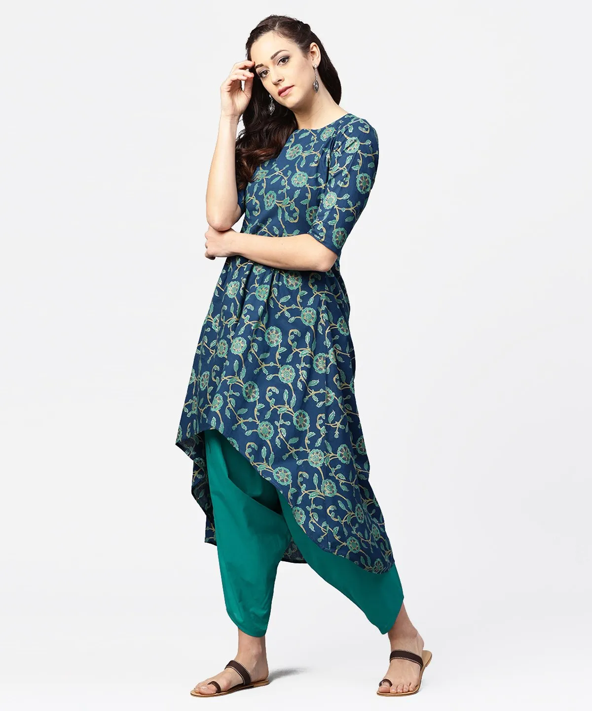 Blue Printed 3/4Th Sleeve Cotton Low High Kurta With Blue Printed Dhoti