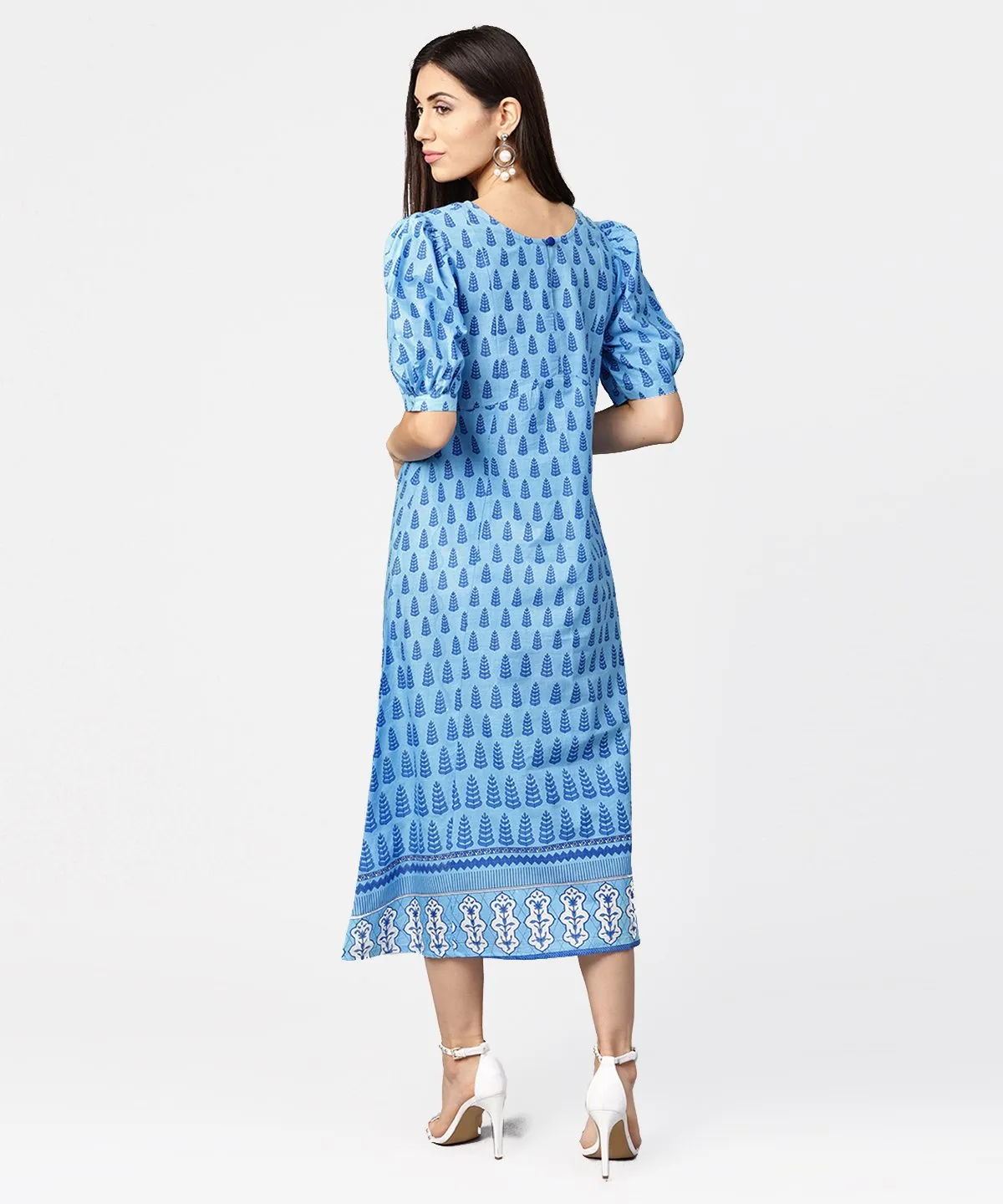 Blue Printed Ballon Style Puff Sleeve Cotton A-Line Dress