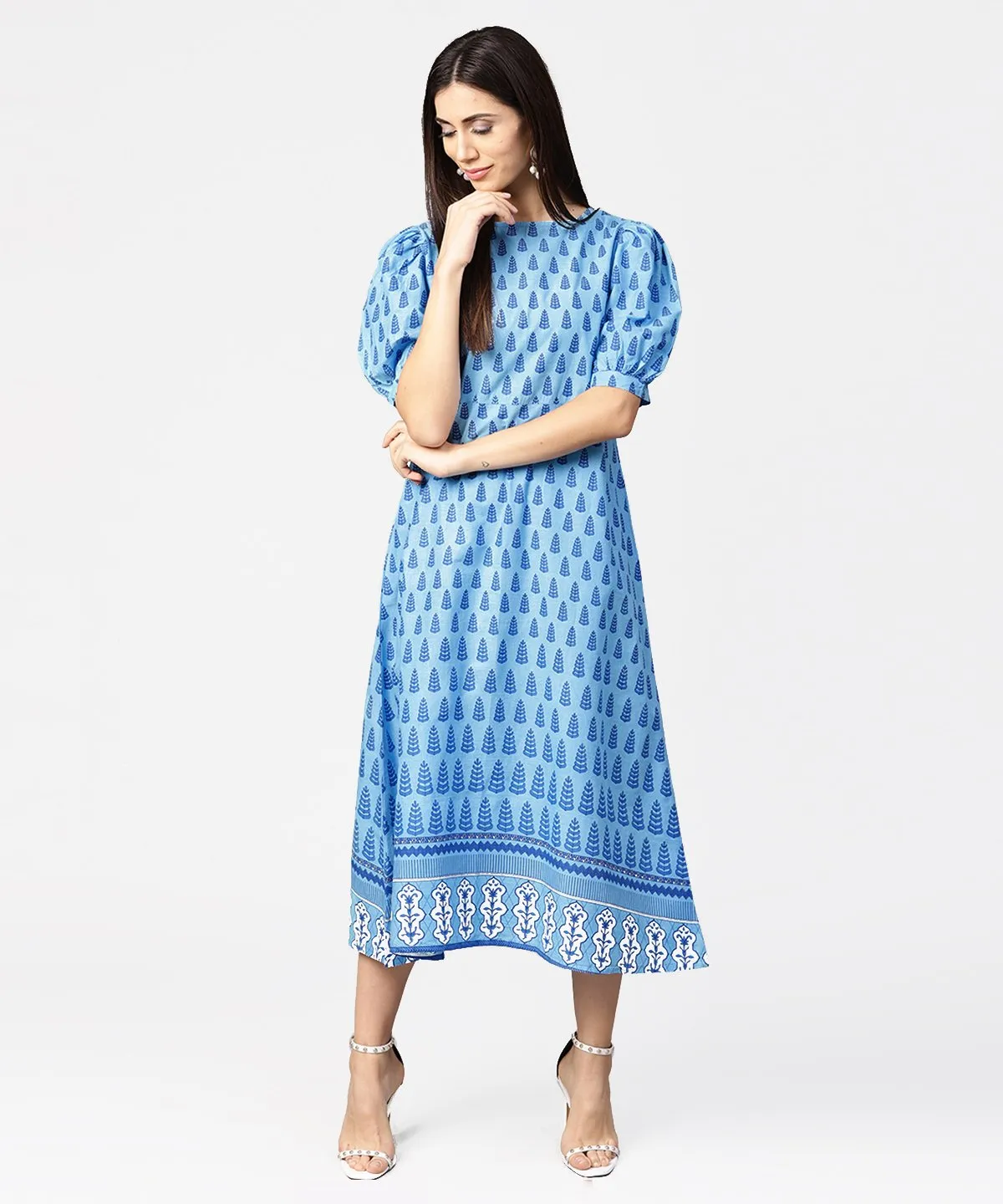 Blue Printed Ballon Style Puff Sleeve Cotton A-Line Dress