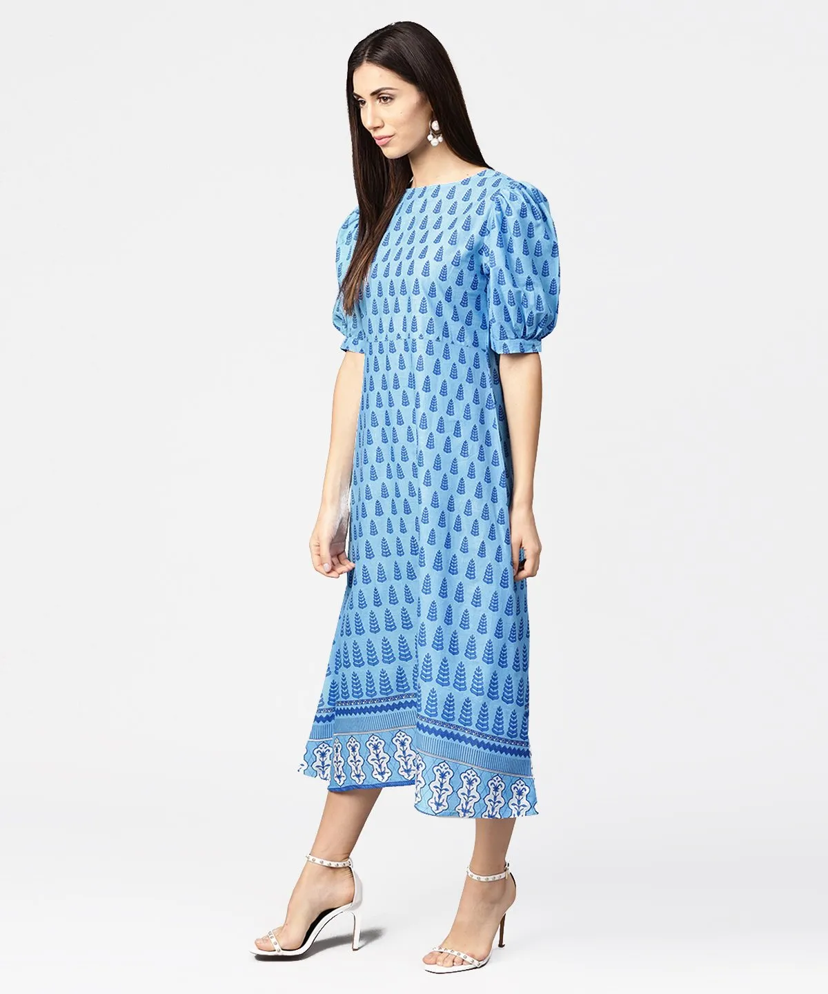 Blue Printed Ballon Style Puff Sleeve Cotton A-Line Dress