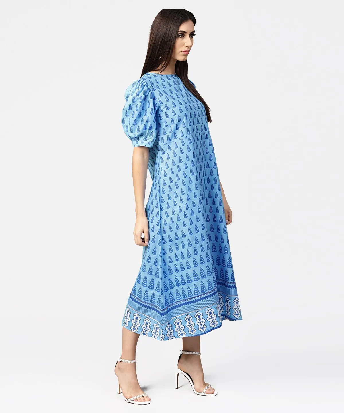 Blue Printed Ballon Style Puff Sleeve Cotton A-Line Dress