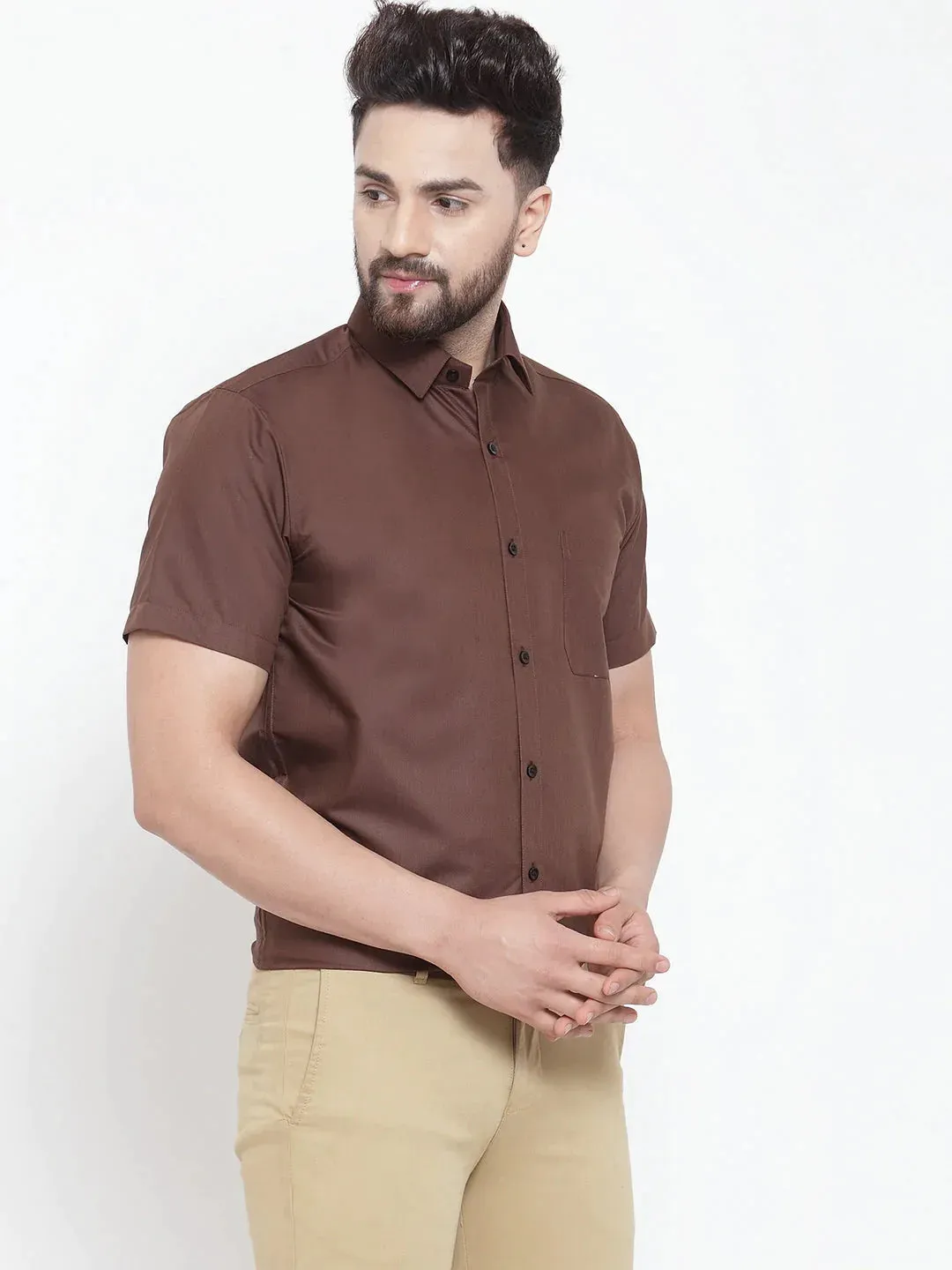 Brown Men'S Cotton Half Sleeves Solid Formal Shirts