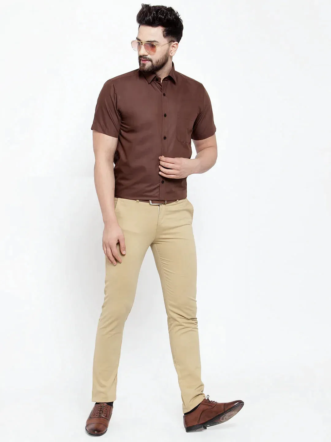 Brown Men'S Cotton Half Sleeves Solid Formal Shirts