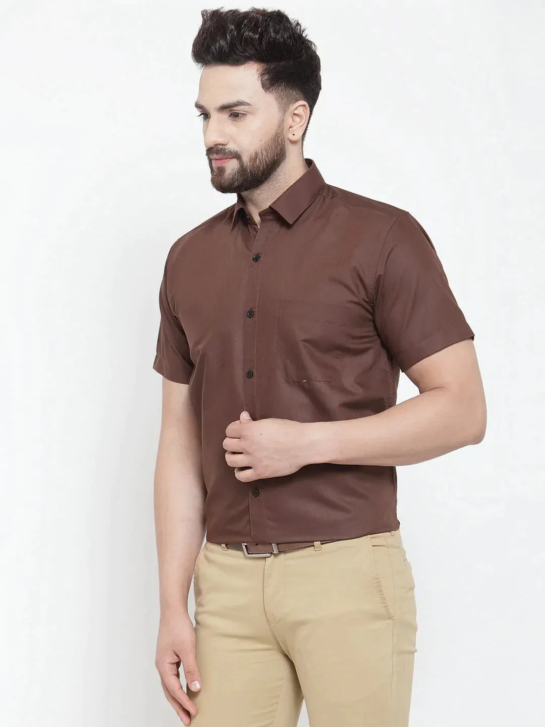 Brown Men'S Cotton Half Sleeves Solid Formal Shirts