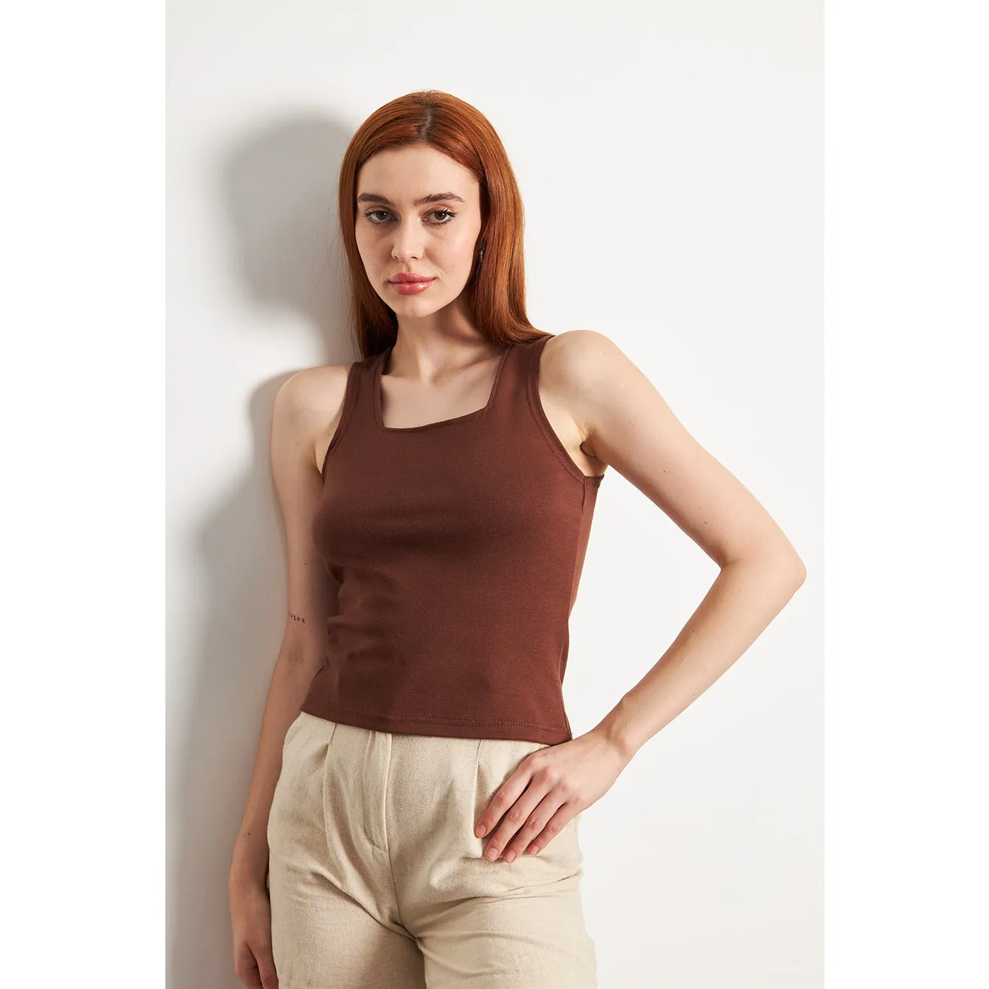 Brown Square Neck Tank Top