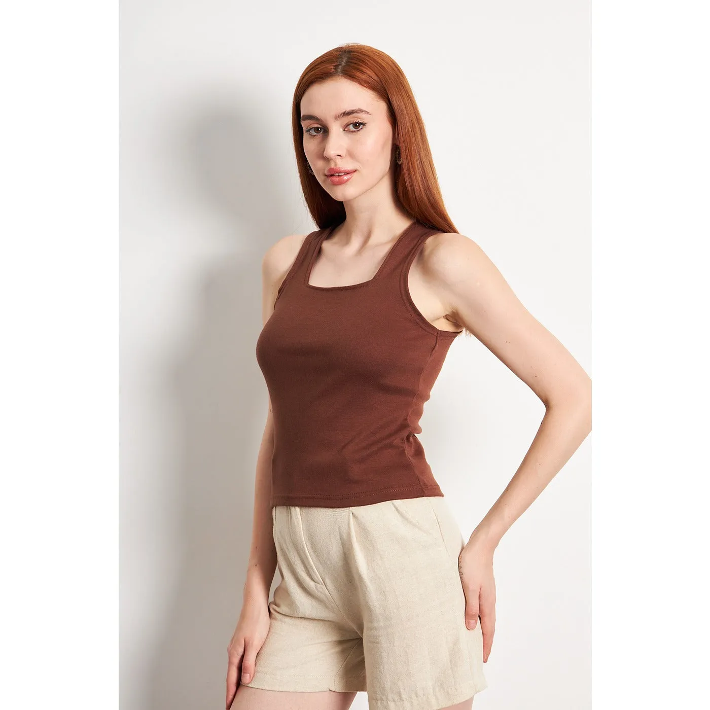 Brown Square Neck Tank Top