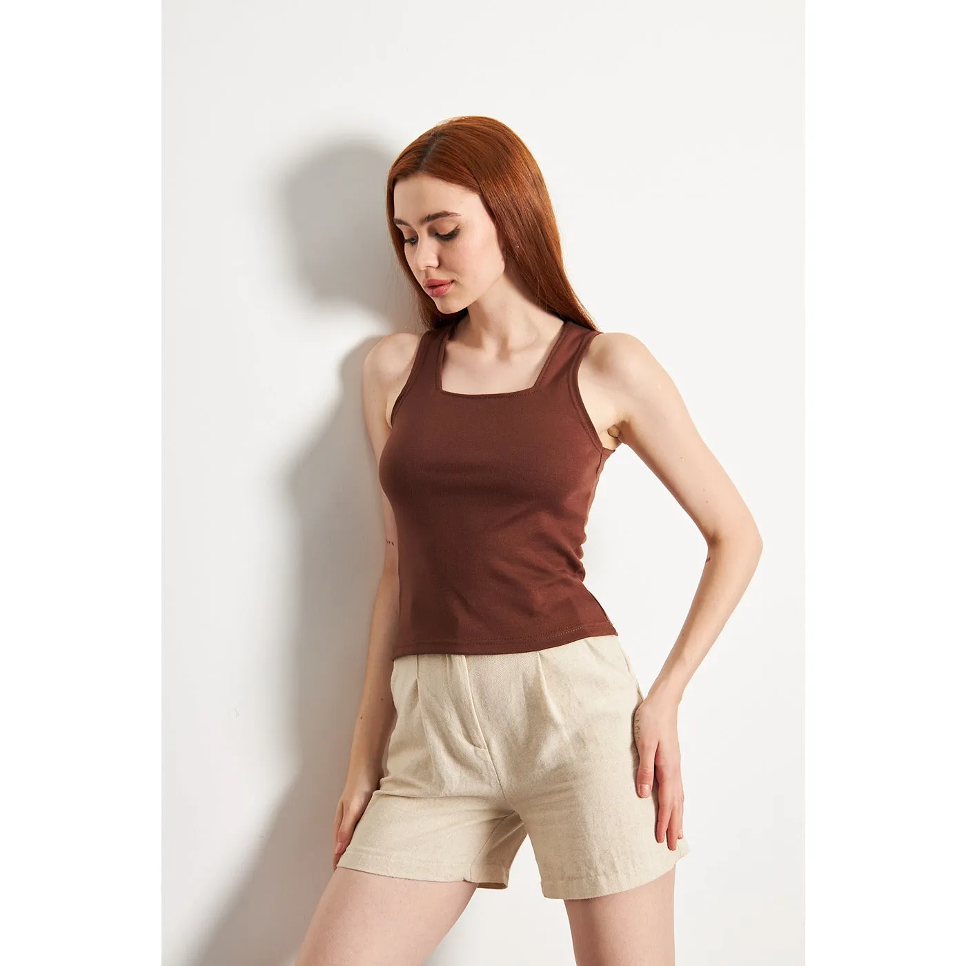 Brown Square Neck Tank Top