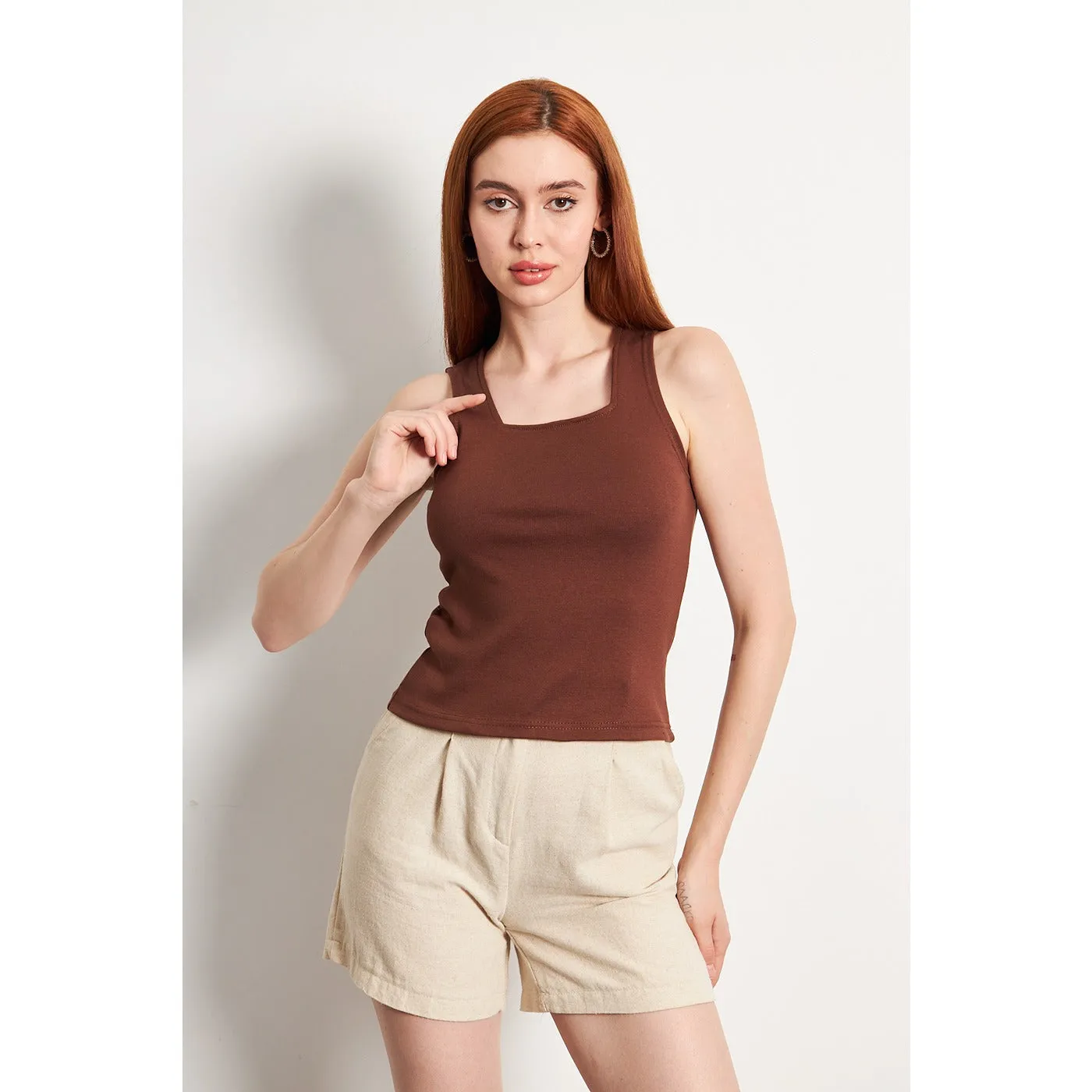 Brown Square Neck Tank Top