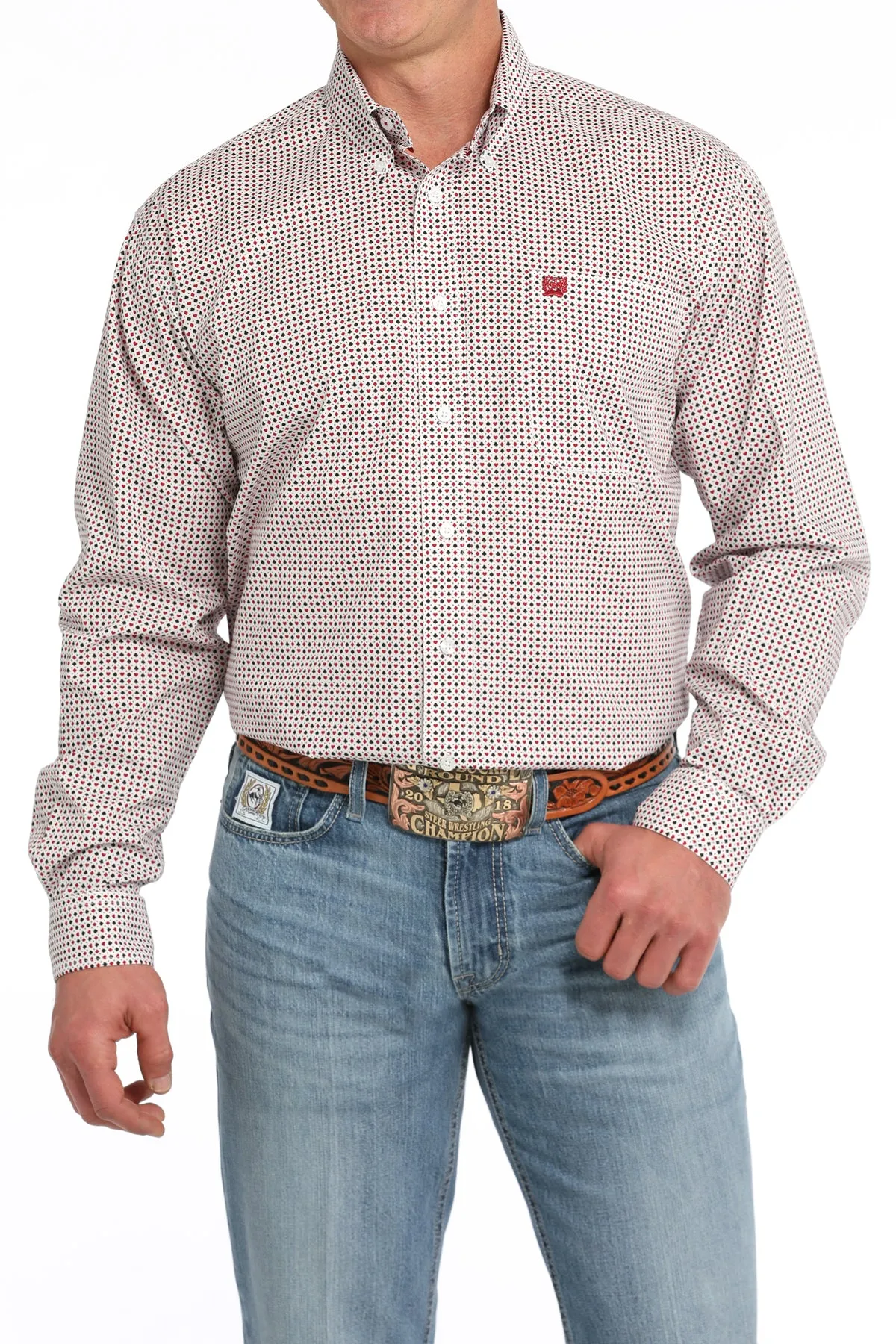 Cinch White Playing Card Suits Print Button-Down Stretch Shirt for Men